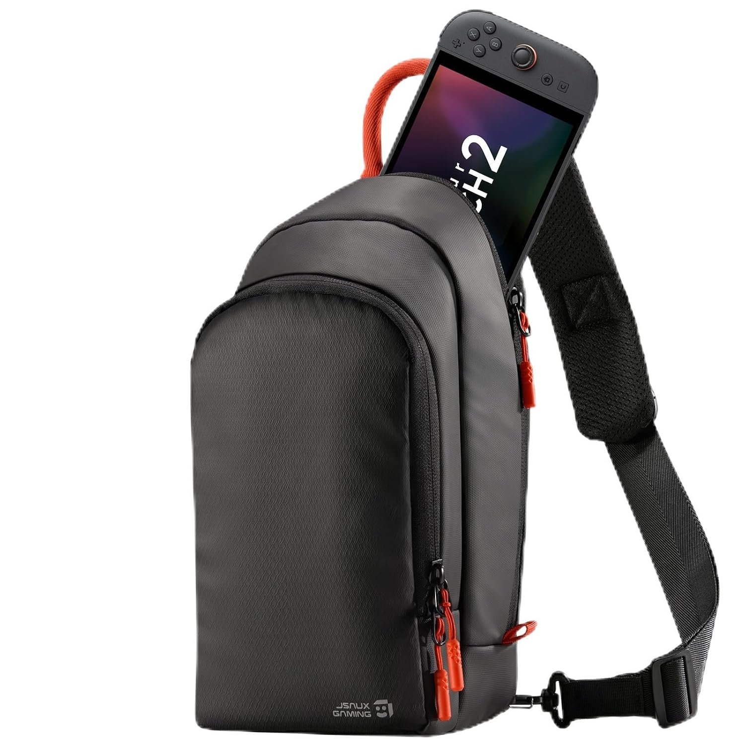 JSAUX sling bag sitting open on a side table in a home office setting with room and furnishings visible